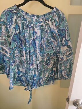 NY Collection Teal & Blue Paisley Off-Shoulder Blouse